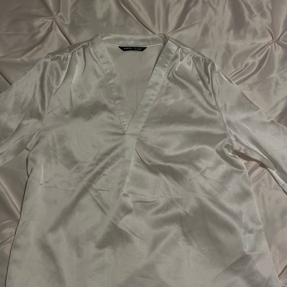 White Satin V-Neck Blouse